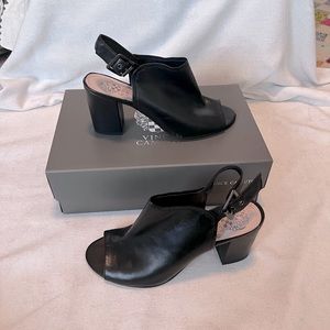 Vince Camuto Brianny black leather block heels